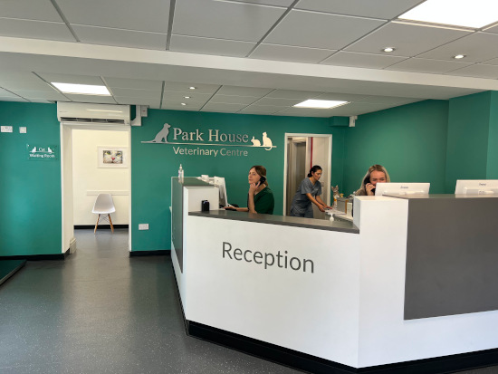 A photograph of the bright, modern Reception at Park House Vets in Stafford.